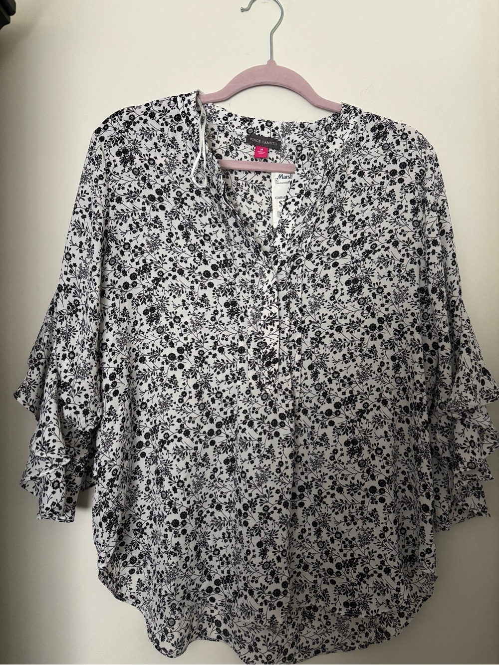 Vince Camuto Black and White Floral Ruffle Sleeve Blouse